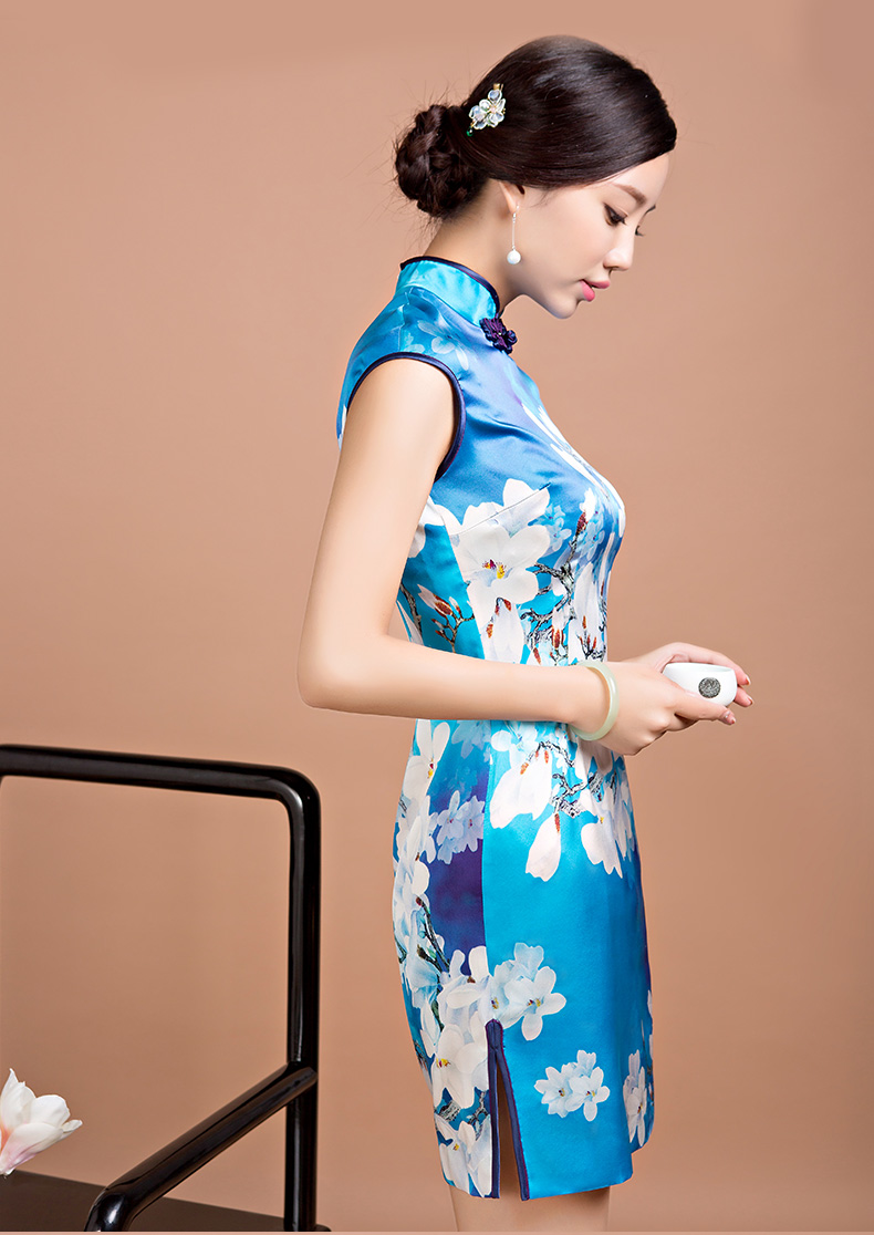 绣娘丝绸银花清芳桑蚕丝旗袍中式真丝短款手工高档旗袍宴会礼服裙