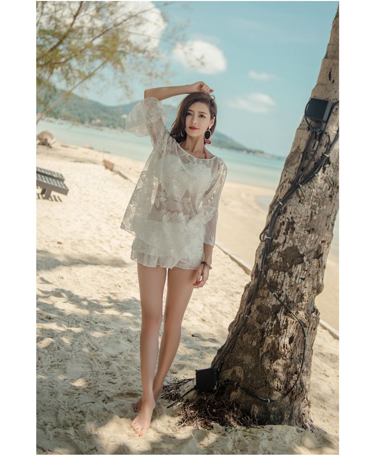 韩国分体泳衣女性感蕾丝三件套比基尼小香风罩衫裙式小胸聚拢泳装