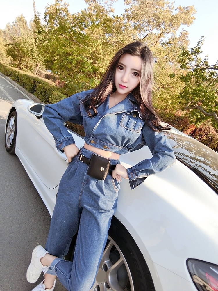 薇姬桑妮时尚套装女2017秋装新款韩版百搭牛仔短外套高腰哈伦小脚裤两