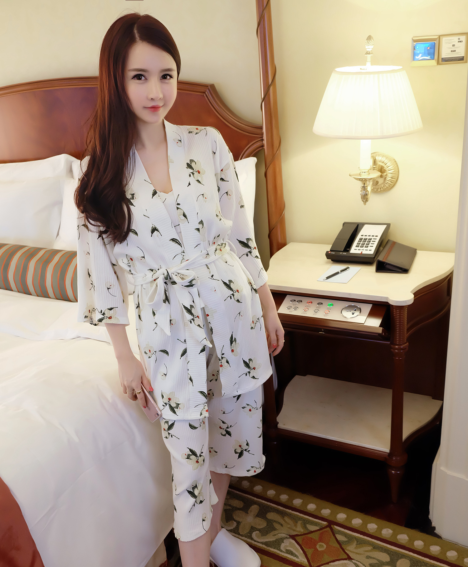 玉兰花纯棉时尚七分袖睡袍阔腿裤三件套睡衣家居服套装