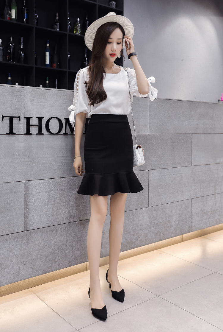 moonrins梦韵诗2018春夏弹力高腰鱼尾裙一步裙荷叶边短裙职业裙包臀裙