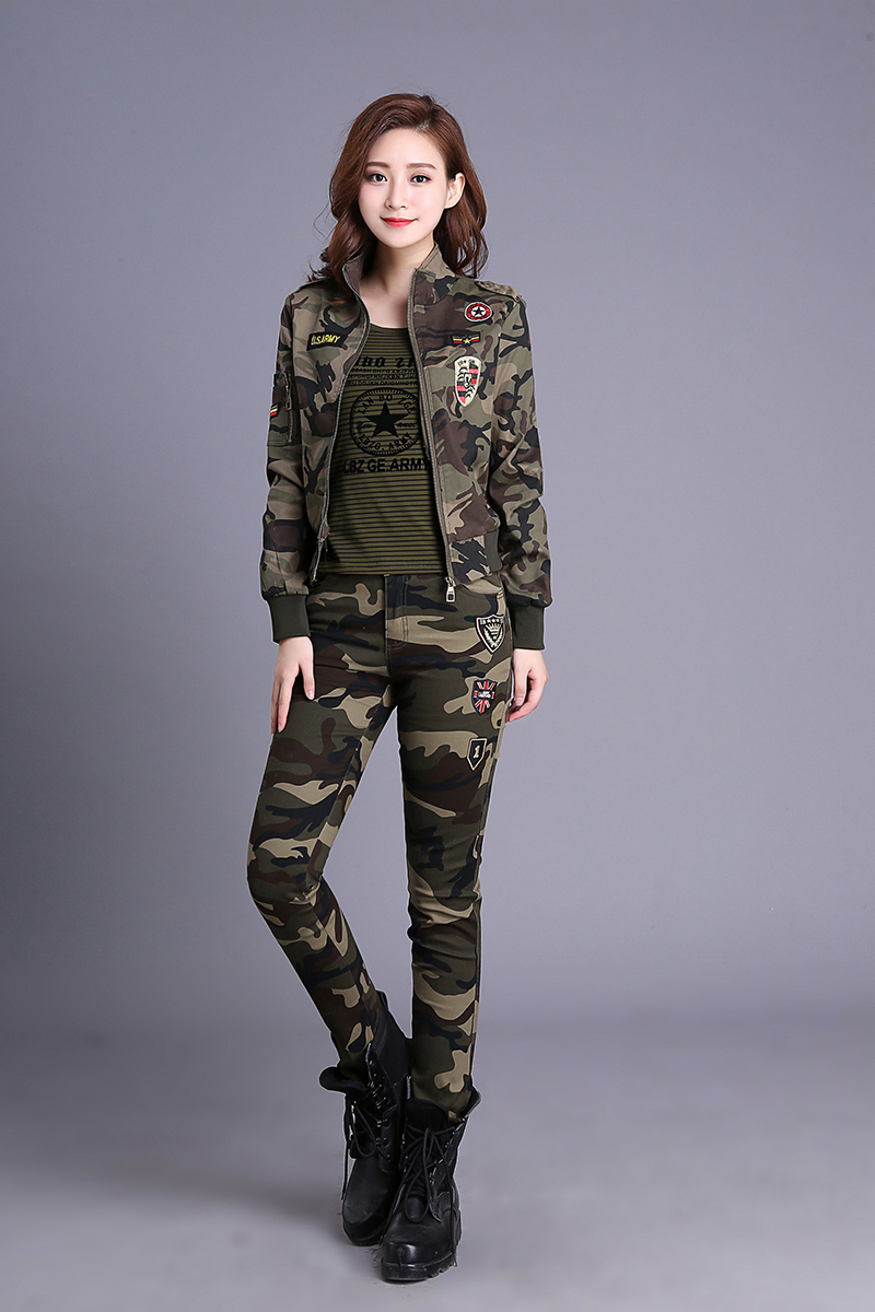 hoscene秋时尚女装休闲裤迷彩服三件套女修身显瘦弹力军训户外迷彩女