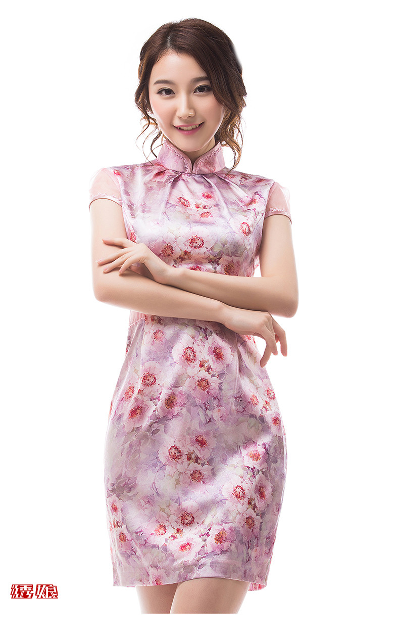 绣娘丝绸粉色玫瑰蕾丝旗袍短款少女日常改良修身包臀中式小礼服