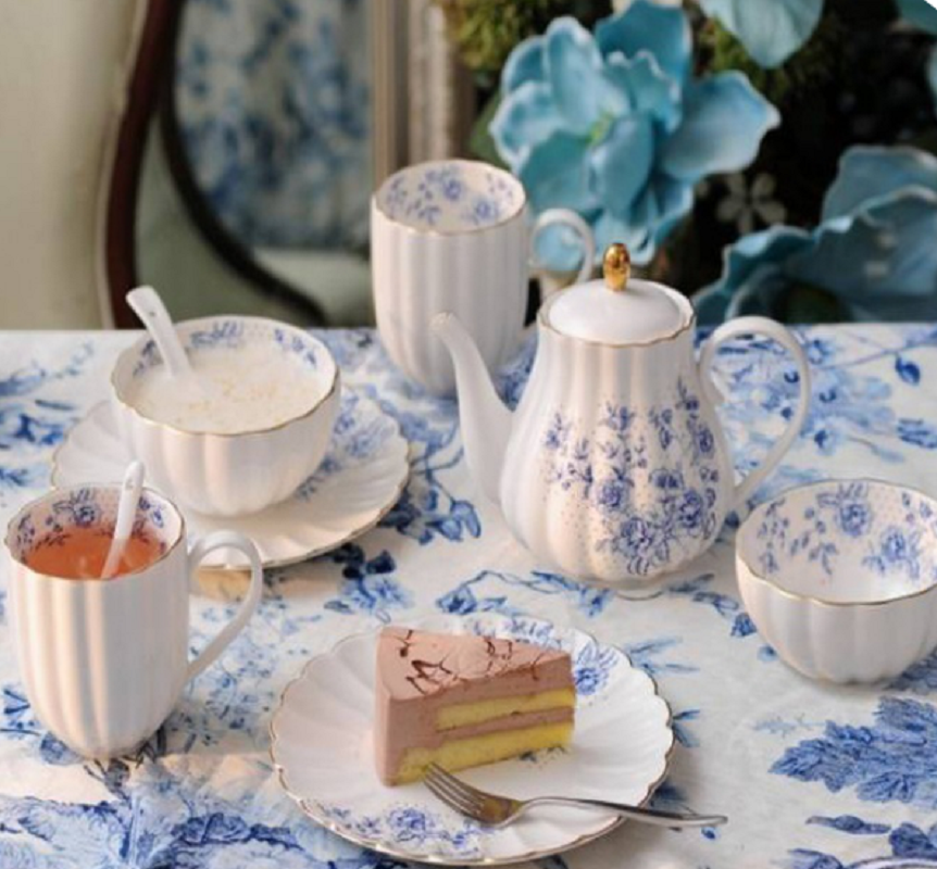 coda d1073 青花金边早餐套装 碗盘汤匙茶壶马克 杯rl