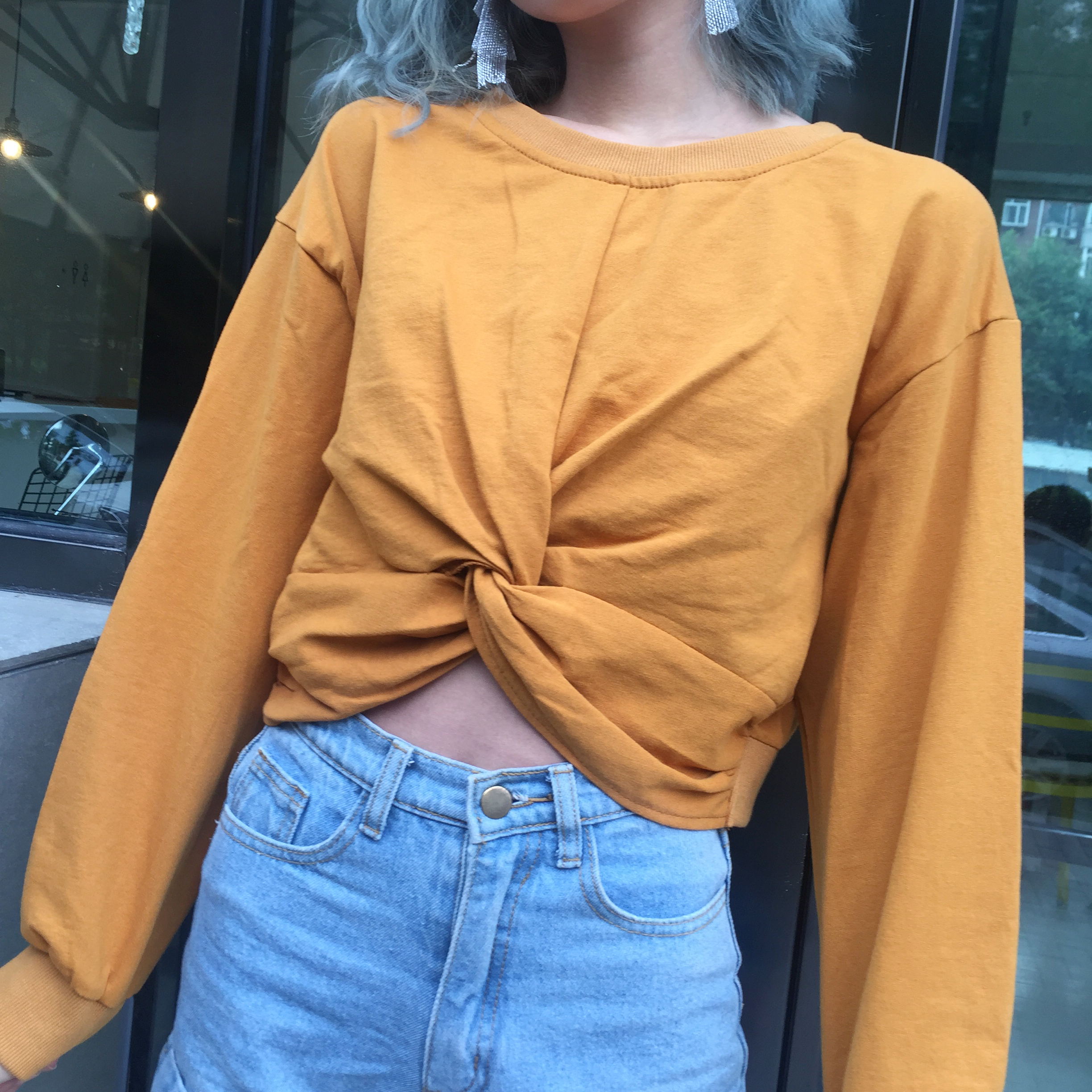 洛芊2018新款女装春装韩版纯色短款露腰交叉打结卫衣学院风显瘦上衣潮