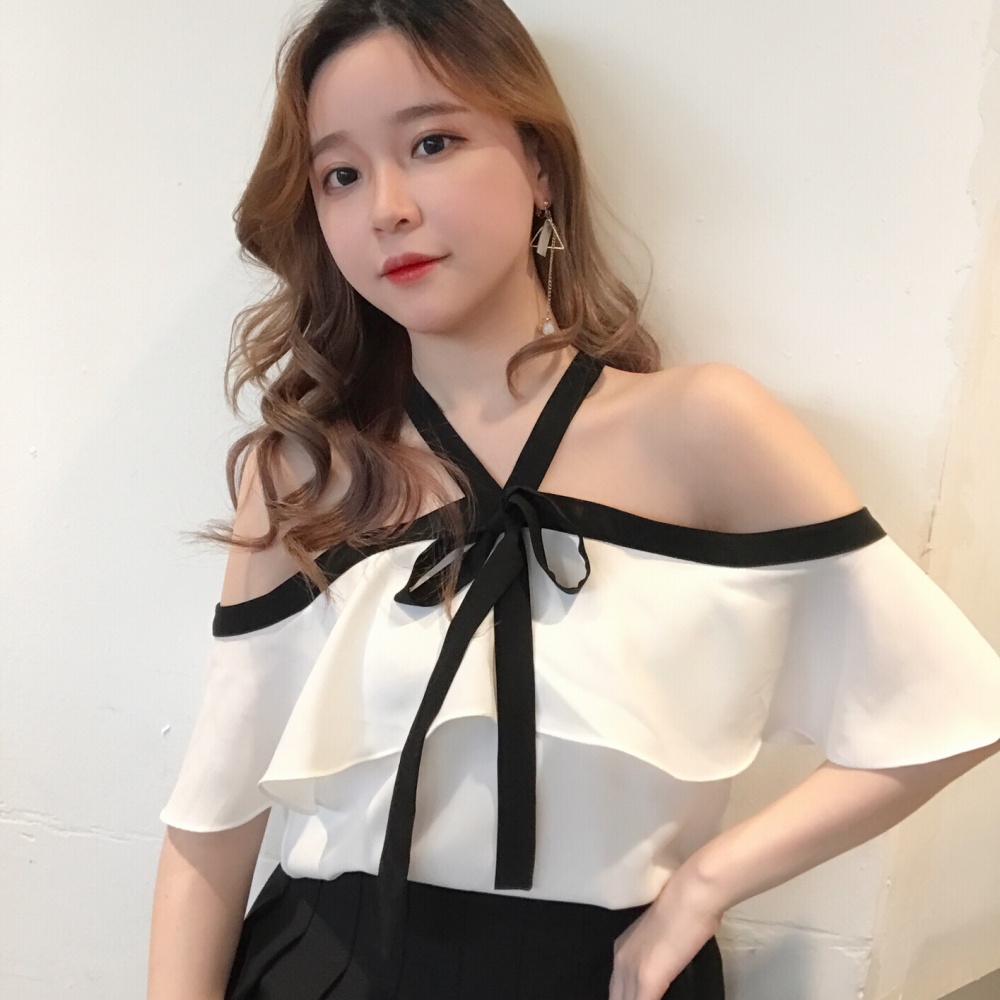 828新款2017春夏露肩雪纺衫边露背吊带衫女百搭挂脖上衣潮