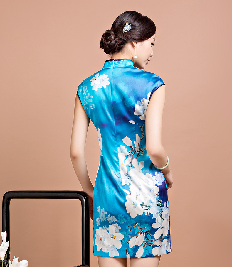 绣娘丝绸银花清芳桑蚕丝旗袍中式真丝短款手工高档旗袍宴会礼服裙