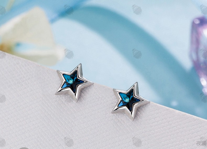 银星星耳钉女时尚银饰品蓝色耳饰清新银耳钉送女友礼物