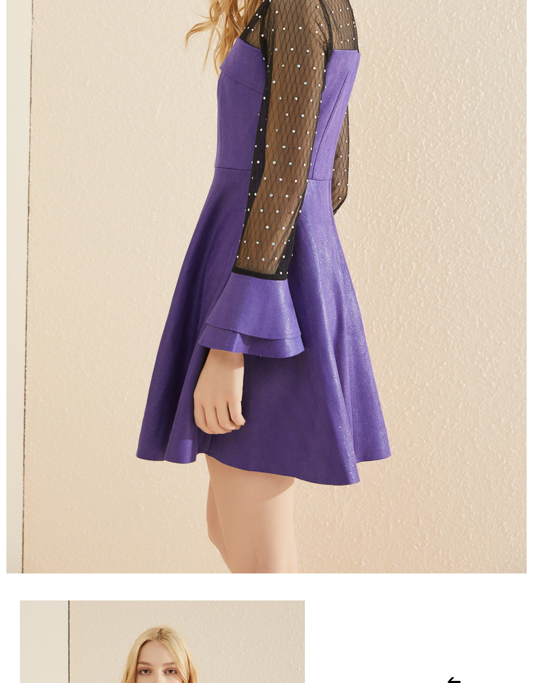 依尚街区气质女神连衣裙女2019春新款纱拼接喇叭袖高腰a字裙