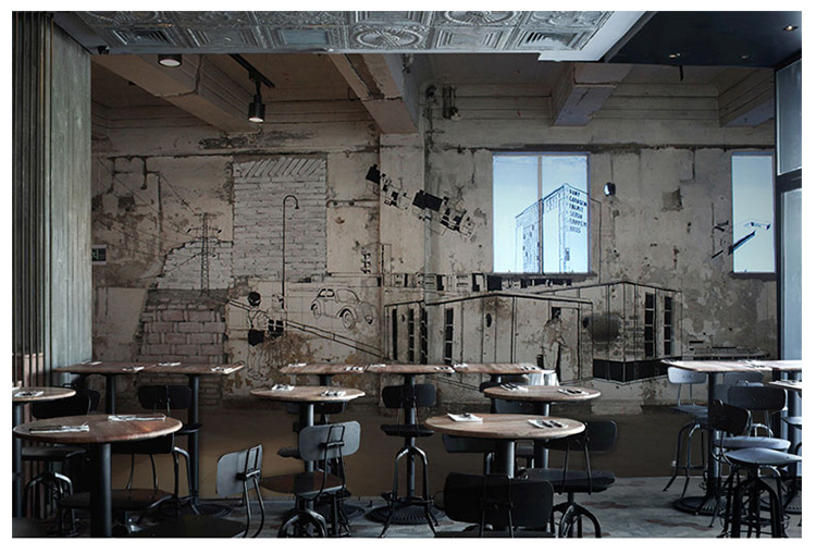 个性酒吧咖啡店餐厅工业风背景墙壁纸复古怀旧空间延伸墙纸壁画整张