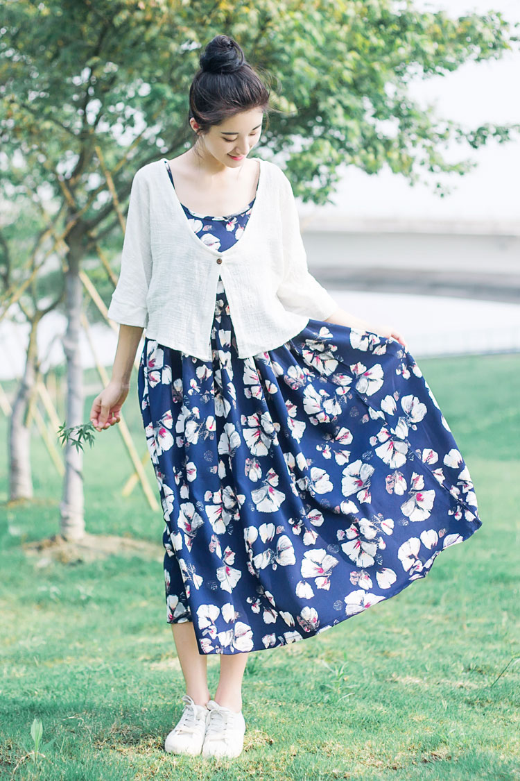 2016夏新蓝底白花印花雪纺吊带连衣裙松紧腰沙滩裙