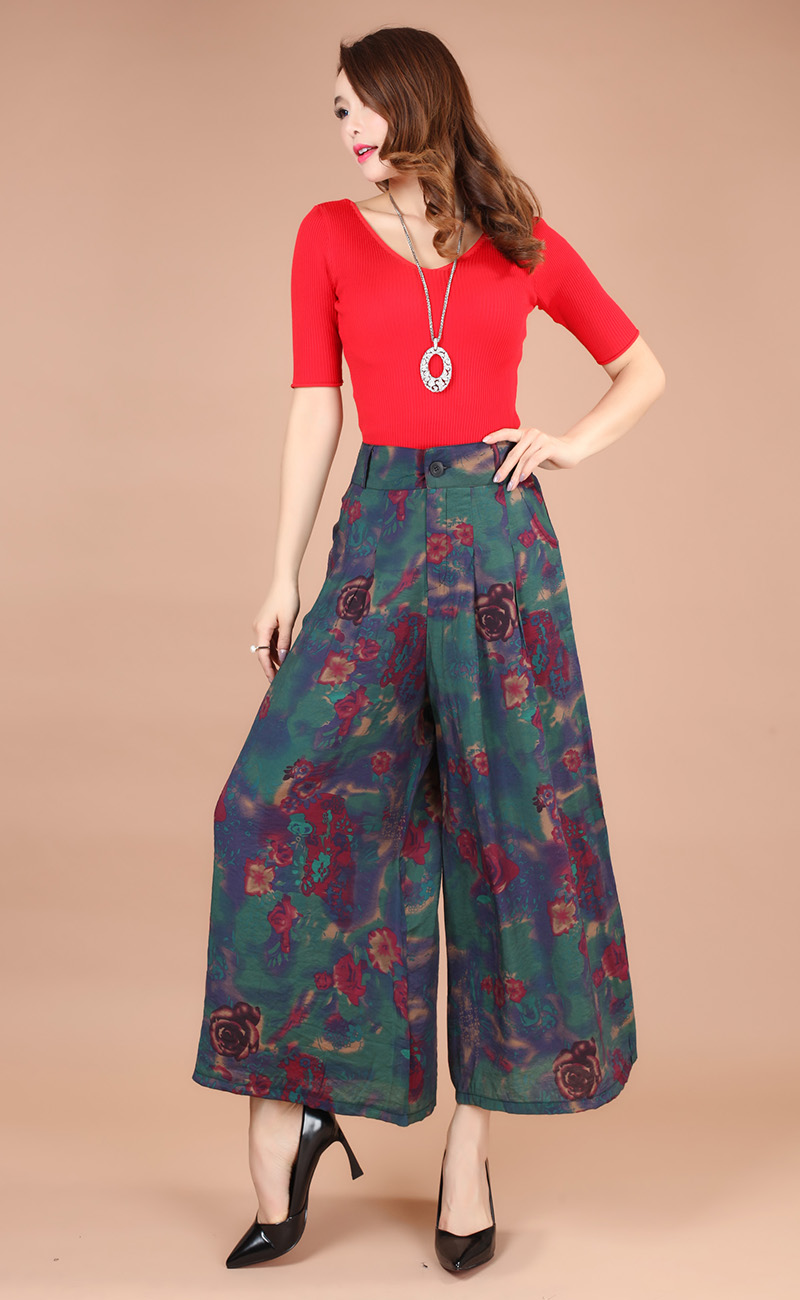 mtiny新款阔腿裤夏季高腰九分裤大码花色裙裤大脚裤民族风女裤