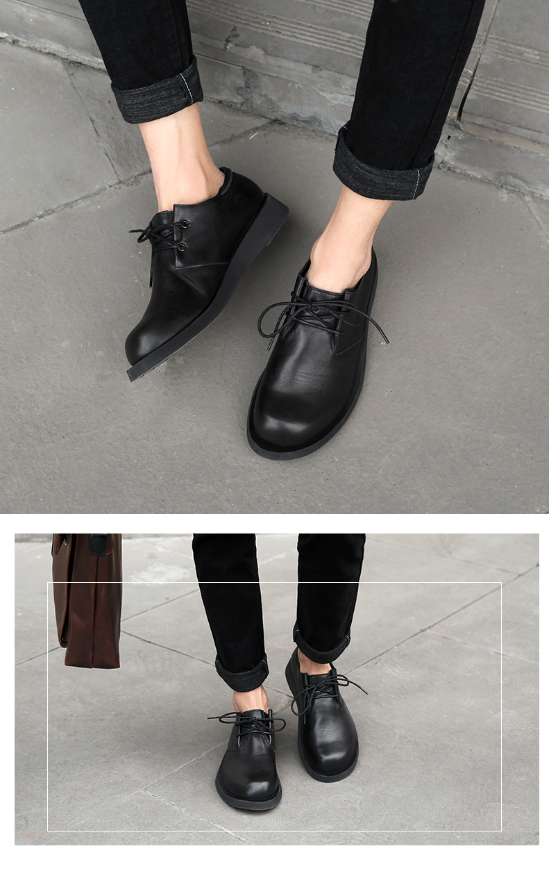 素人商务休闲男士复古大头皮鞋男英伦真皮厚底圆头手工宽边工装鞋