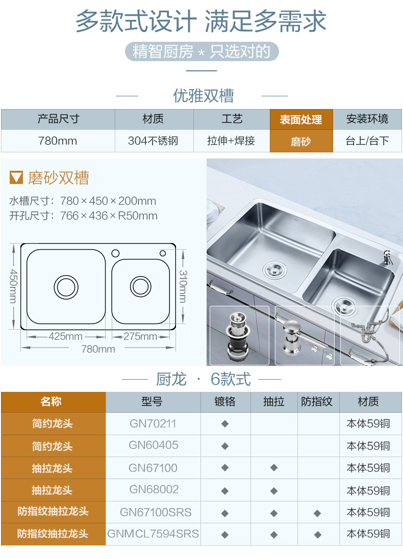 摩恩304不锈钢水槽双槽厨房水槽套餐水龙头水池洗菜盆洗碗盆27804