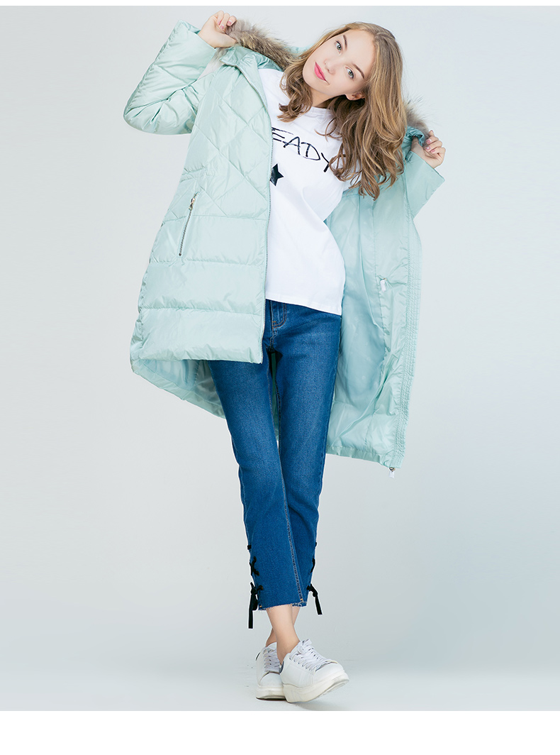lagogo拉谷谷冬季新款直筒薄荷绿长袖羽绒服女中长款连帽毛领外套