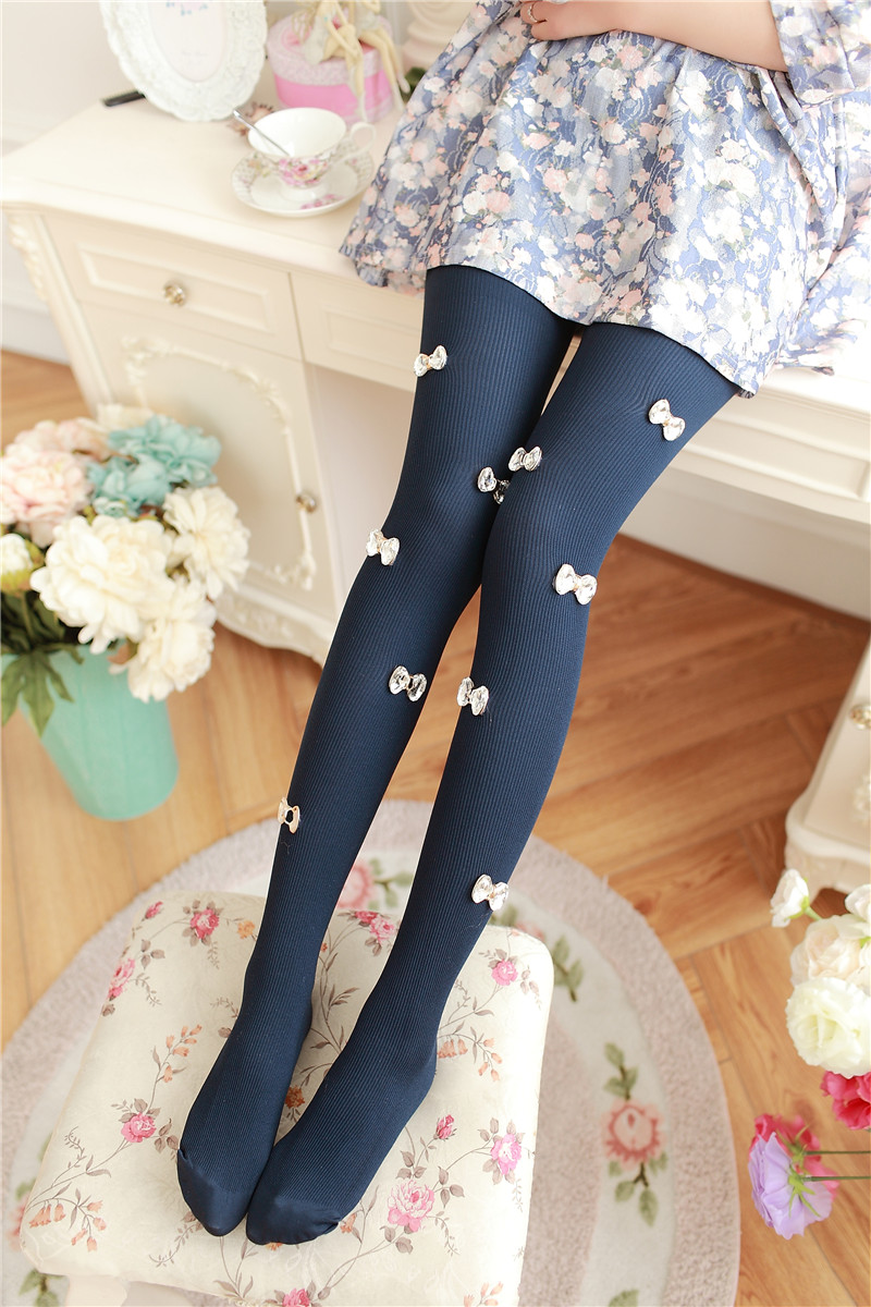 mtiny日系甜美超闪水晶蝴蝶丝袜连裤袜春秋中厚防勾丝白色袜子女打底