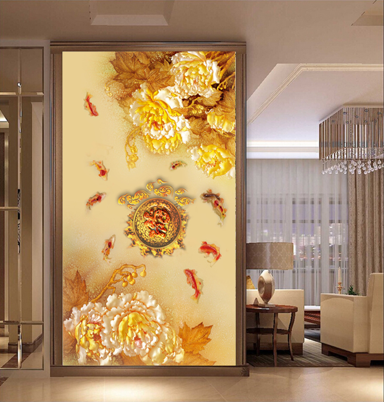 无缝中式壁画电视墙背景墙纸沙金色荷花富贵九鱼鱼玄关壁纸墙画壹德壹