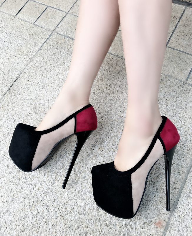 basket18cm多彩拼接绒面单鞋春季女鞋恨天高女鞋防水台细跟超高跟鞋