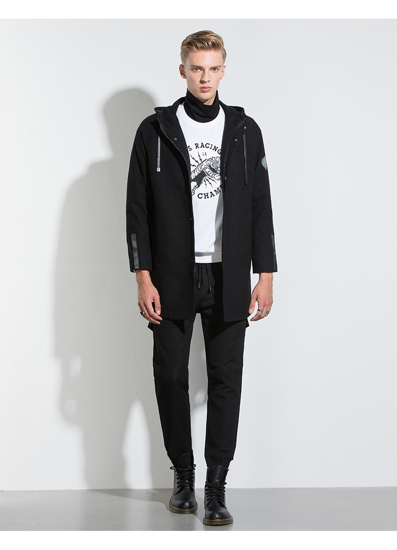 ellehomme男装大衣秋冬新款时尚装饰标连帽廓形款毛呢大衣潮黑色