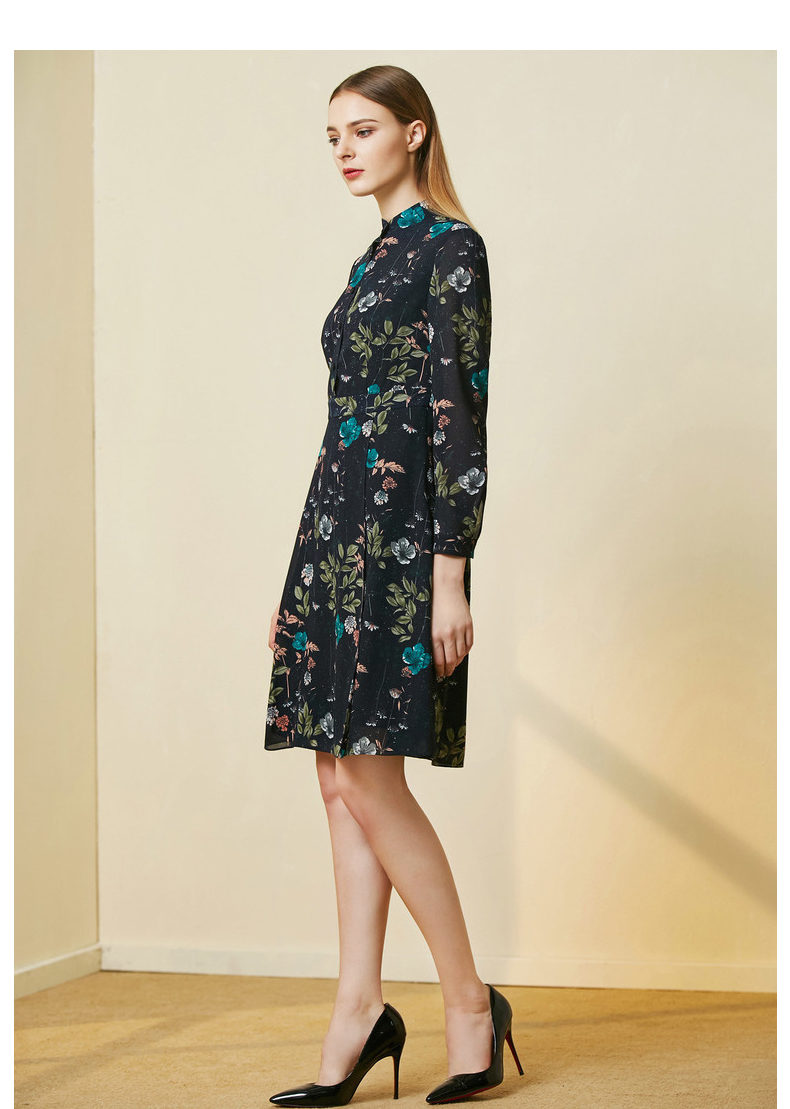 欧柏兰奴(omnialuo)连衣裙 欧柏兰奴小立领优雅印花收腰长袖连衣裙中