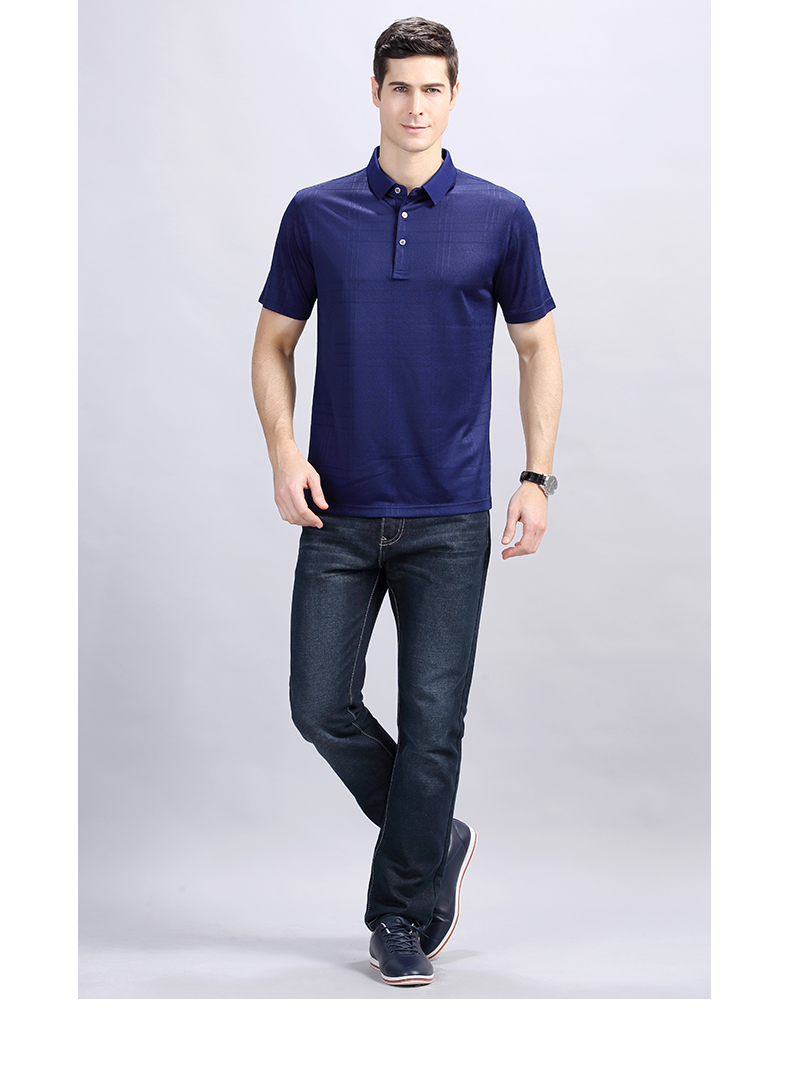 男装polo衫培罗蒙夏装新款桑蚕丝t恤男短袖商务翻领格子t恤衫薄款冰丝