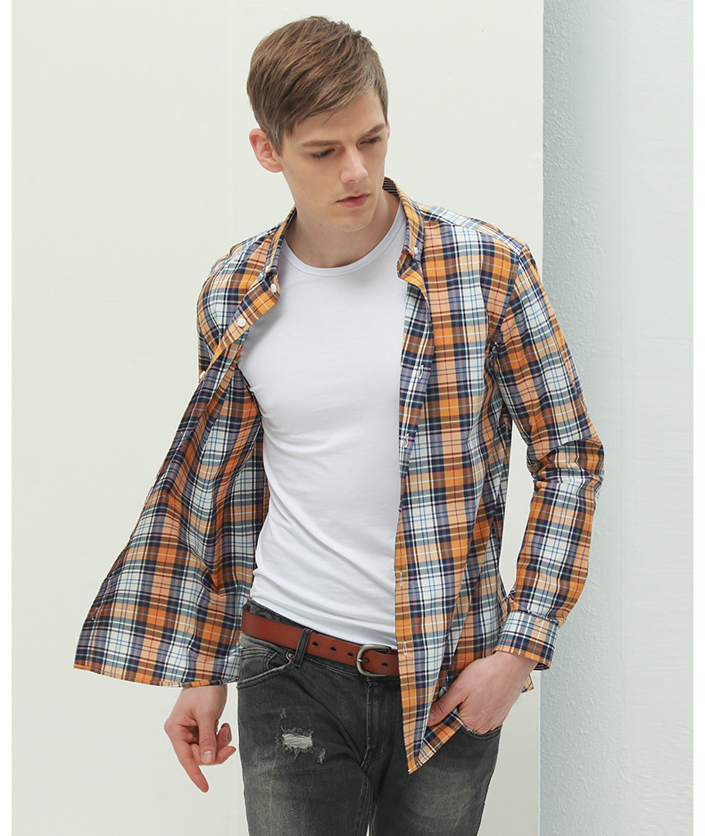 虎豹休闲男士格子长袖衬衫纯棉修身型寸衫青年男装磨毛衬衣h28c16223