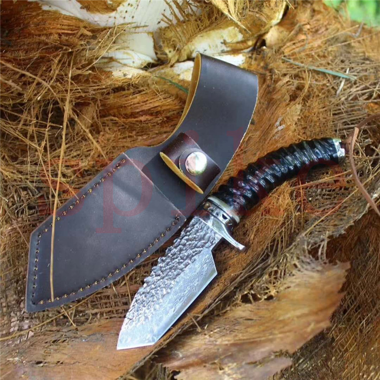 spike大马士革刀vg10钢羊角手柄手工锻锻打小直刀猎刀军刀收藏礼品刀