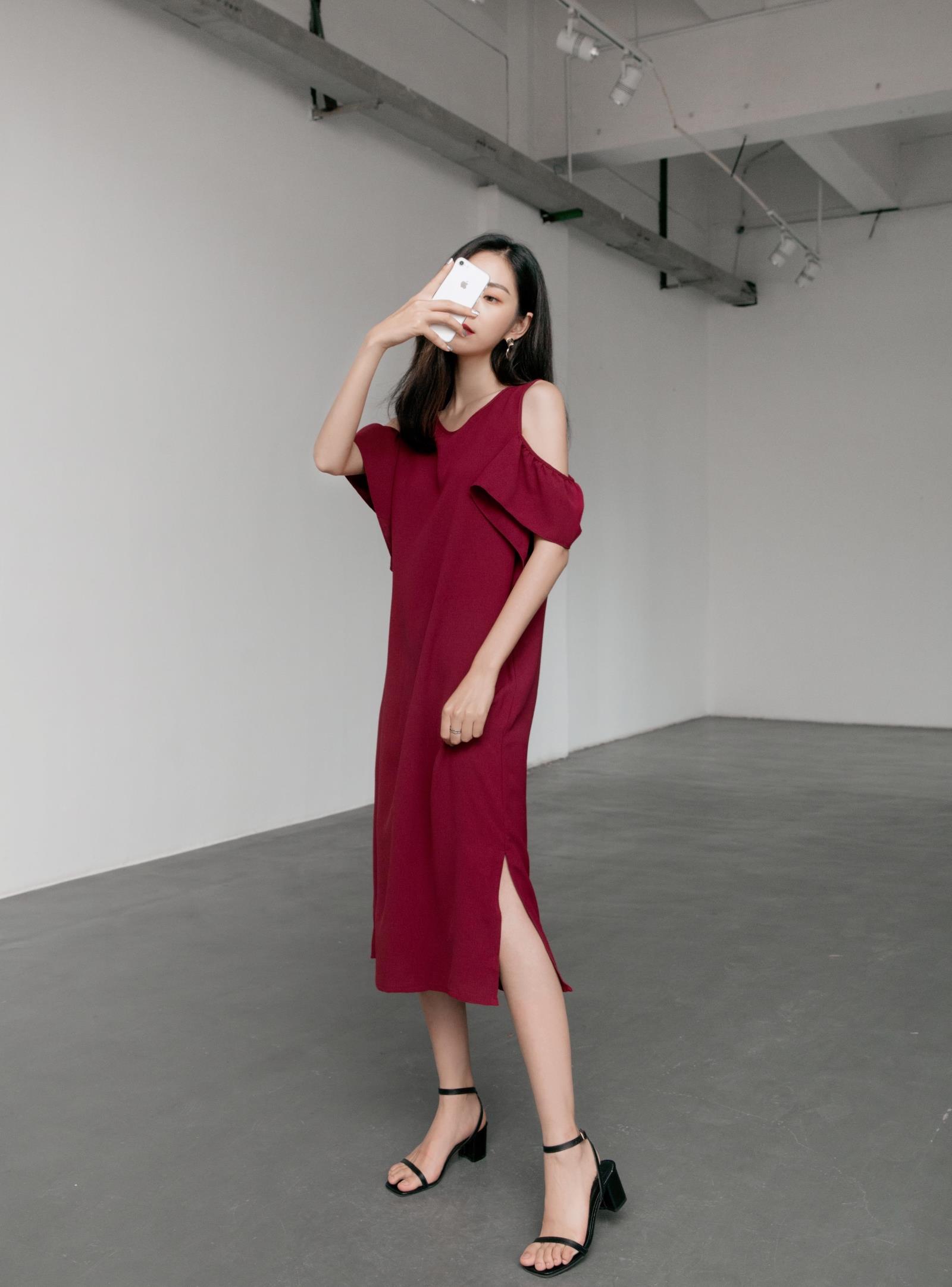 828新款2017露肩大码直筒显瘦长款连衣裙雪纺休闲开叉长裙女夏定制款