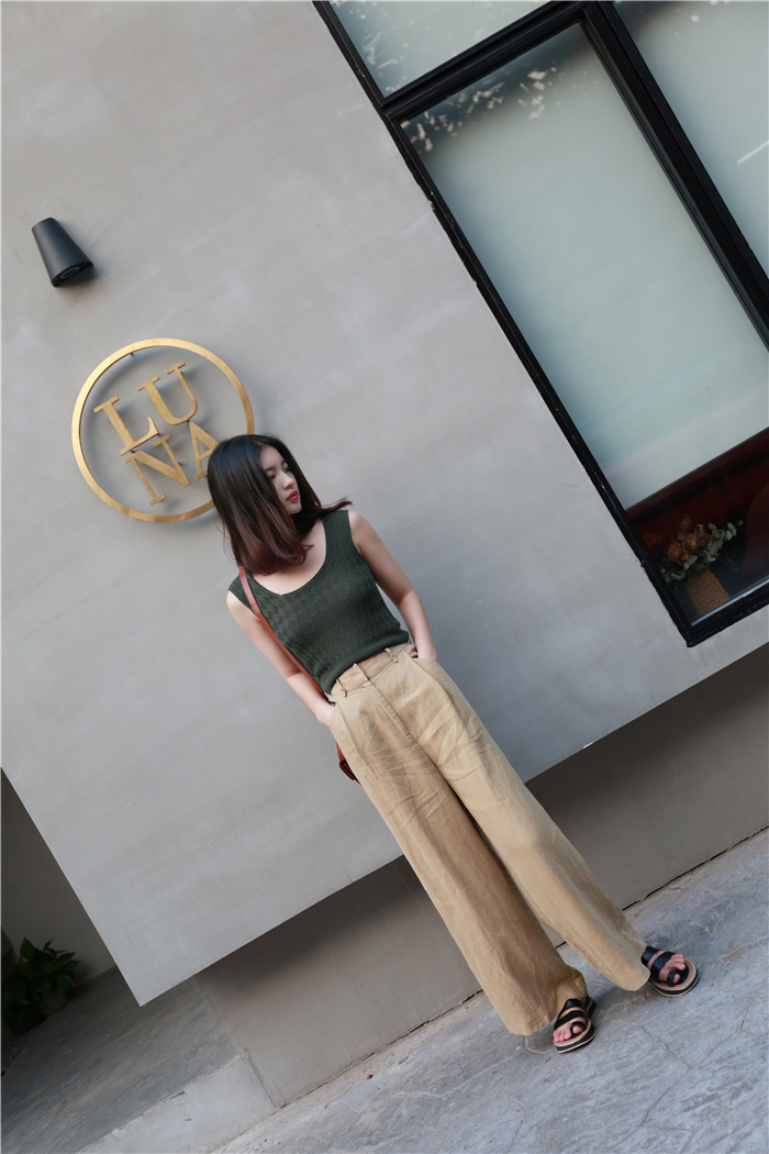828新款adamiss2017新款高腰显瘦亚麻长裤秋装卡其色阔腿裤女夏定制款
