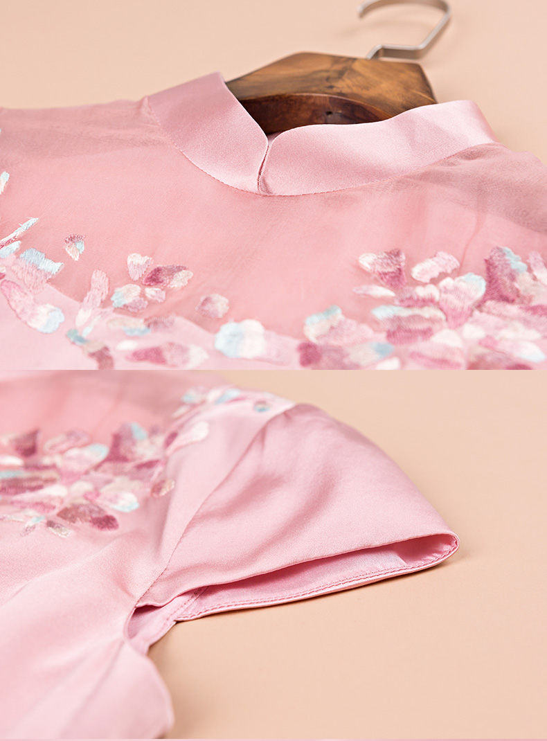 绣娘丝绸墨云浮萍桑蚕丝刺绣旗袍真丝旗袍苏绣绣花粉色中式礼服裙