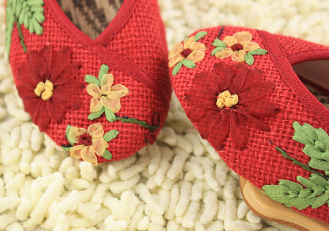 fishbasket小花园绣花鞋布鞋亚麻串花牛筋底女鞋旗袍鞋米圆头休闲鞋