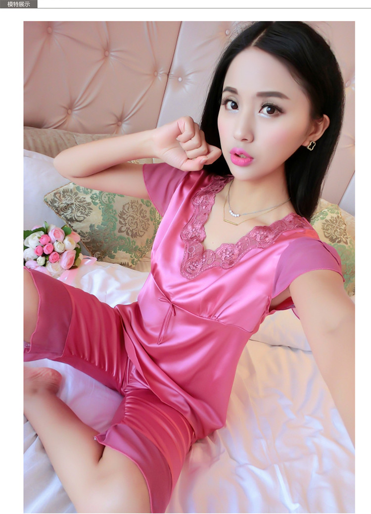 睡衣女夏季丝绸女士睡衣v领纯色优雅花朵家居服套装多色可选