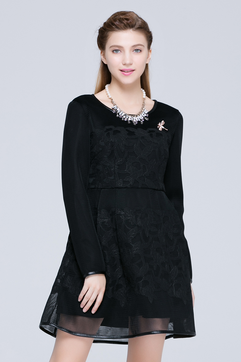 lagogo春秋新款韩版黑色欧根纱长袖高腰连衣裙女蕾丝a字裙
