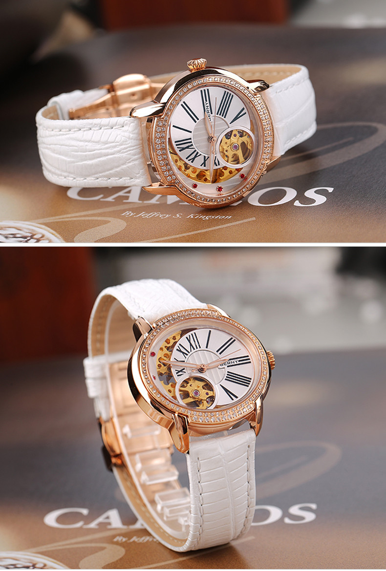 berny伯尼自动机械表女表时尚镶钻手表女士机械表女士防水皮带背透