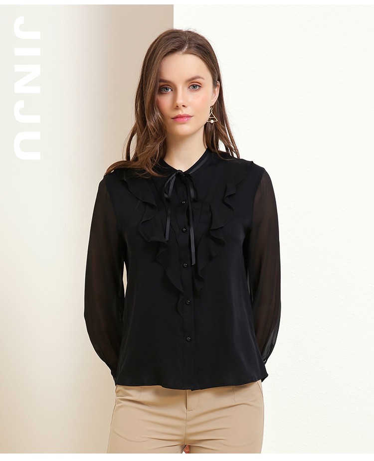 金菊女装春夏季新款真丝衬衫女士长袖桑蚕丝上衣修身显瘦荷叶边系带