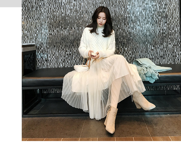 新款式秋冬新款韩版白色纱裙子冬女高腰网纱半身裙显瘦中长款百褶a字