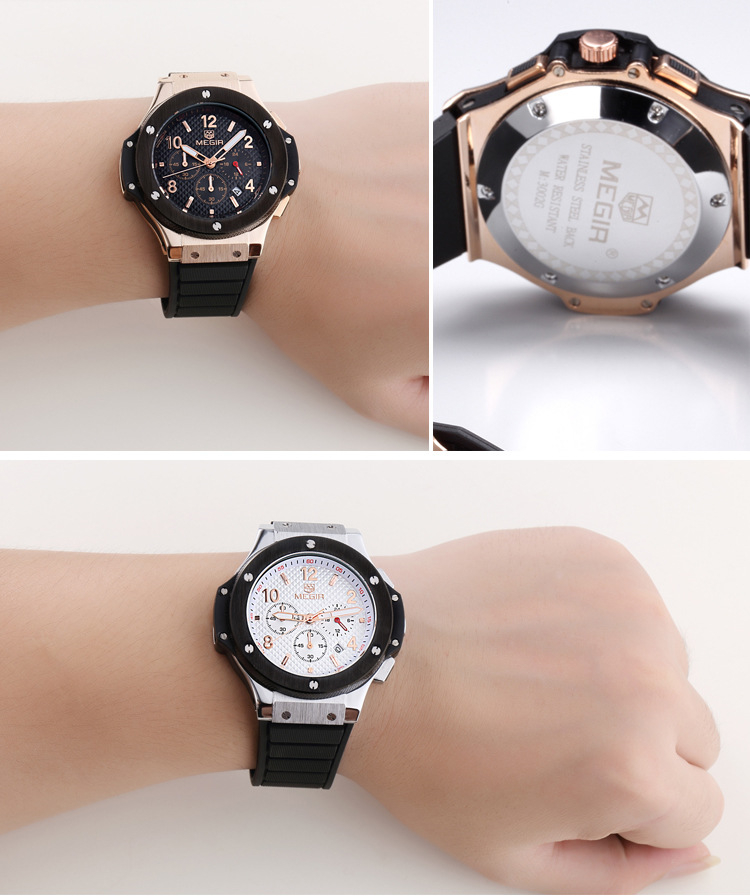 美格尔megir时尚多功能运动计时硅胶三眼防水荧光计时男士手表运动男