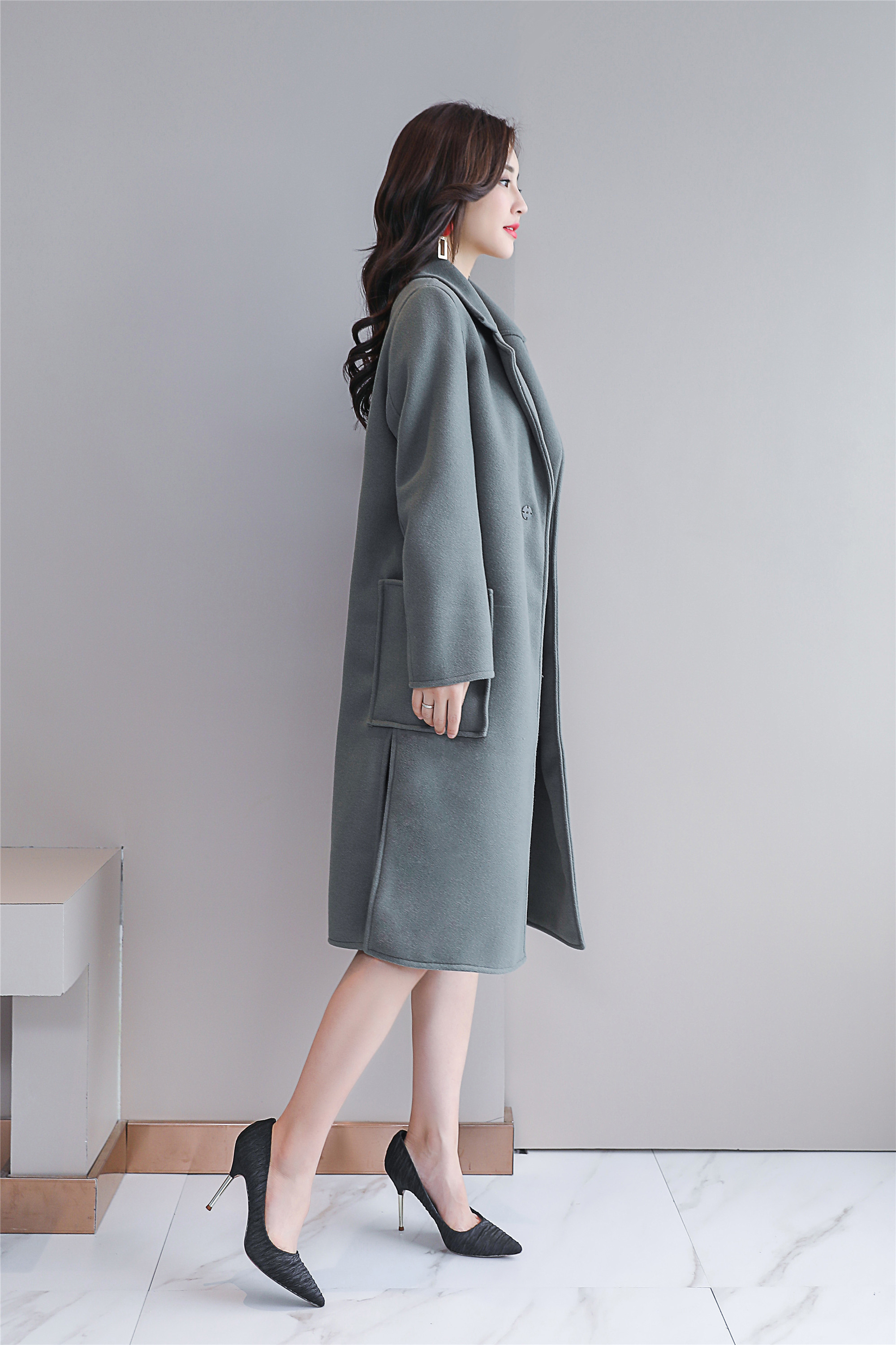 遇见衣姿新款秋冬季双面毛呢子大衣女中长款大口袋毛呢外套