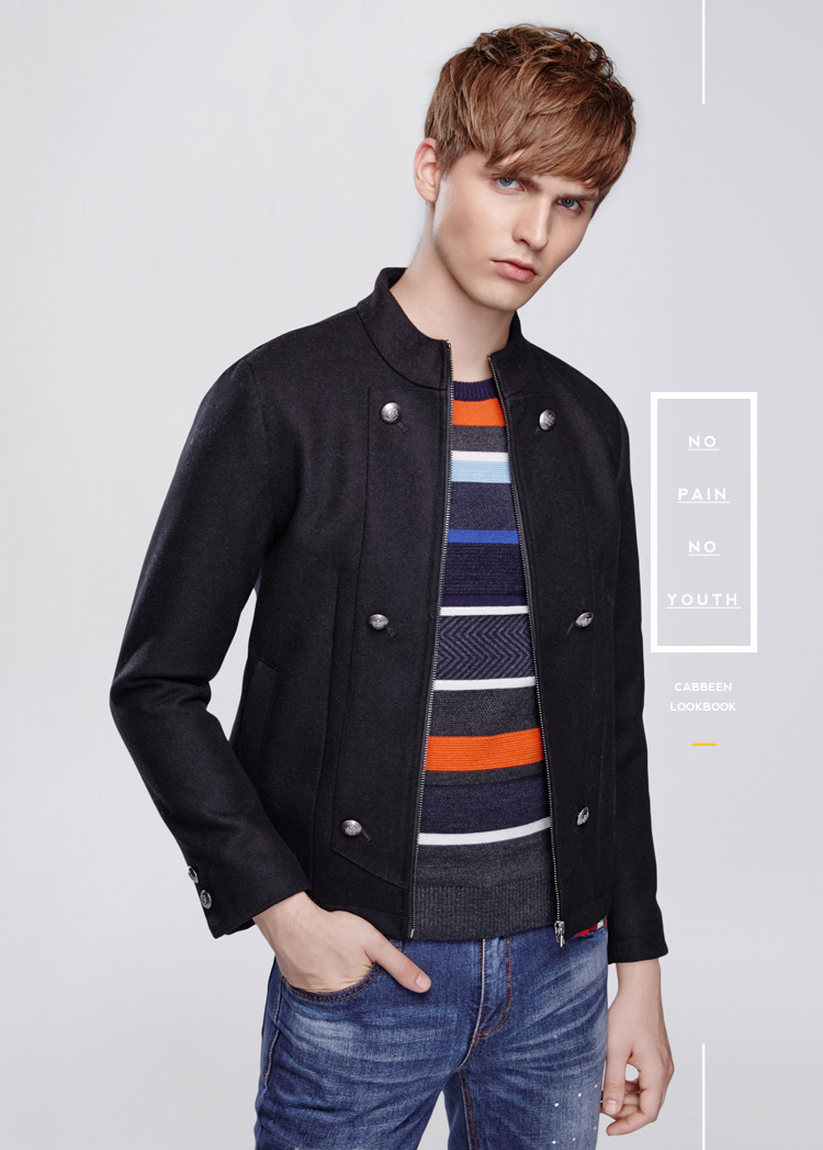 cabbeen男士夹克 卡宾秋冬男装 纯色立领休闲男士短款毛呢外套e