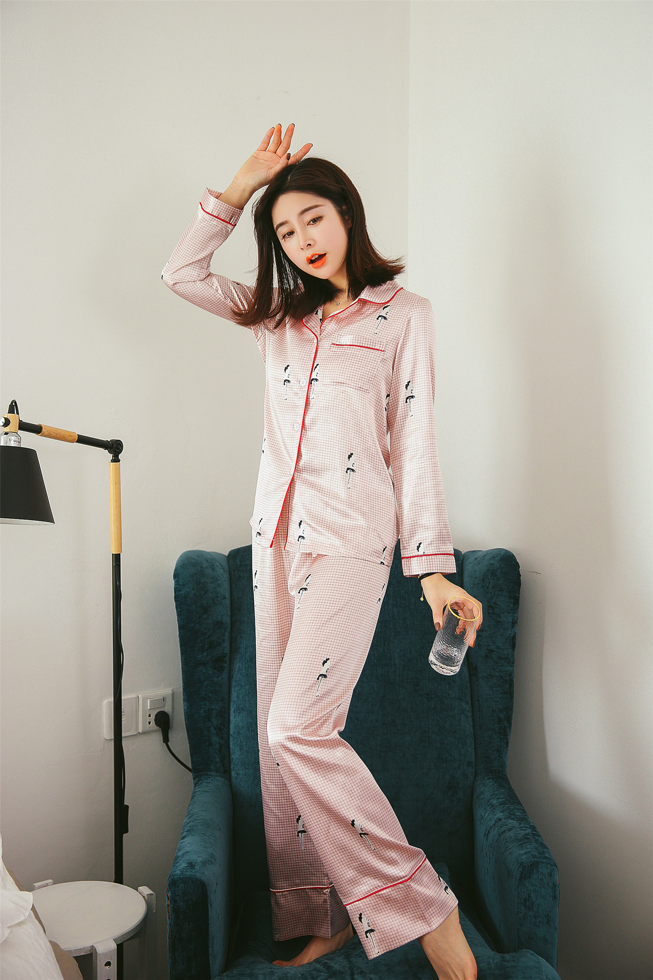 春秋陈乔恩安清欢明星同款睡衣女高档仿真丝长袖丝绸缎家居服套装