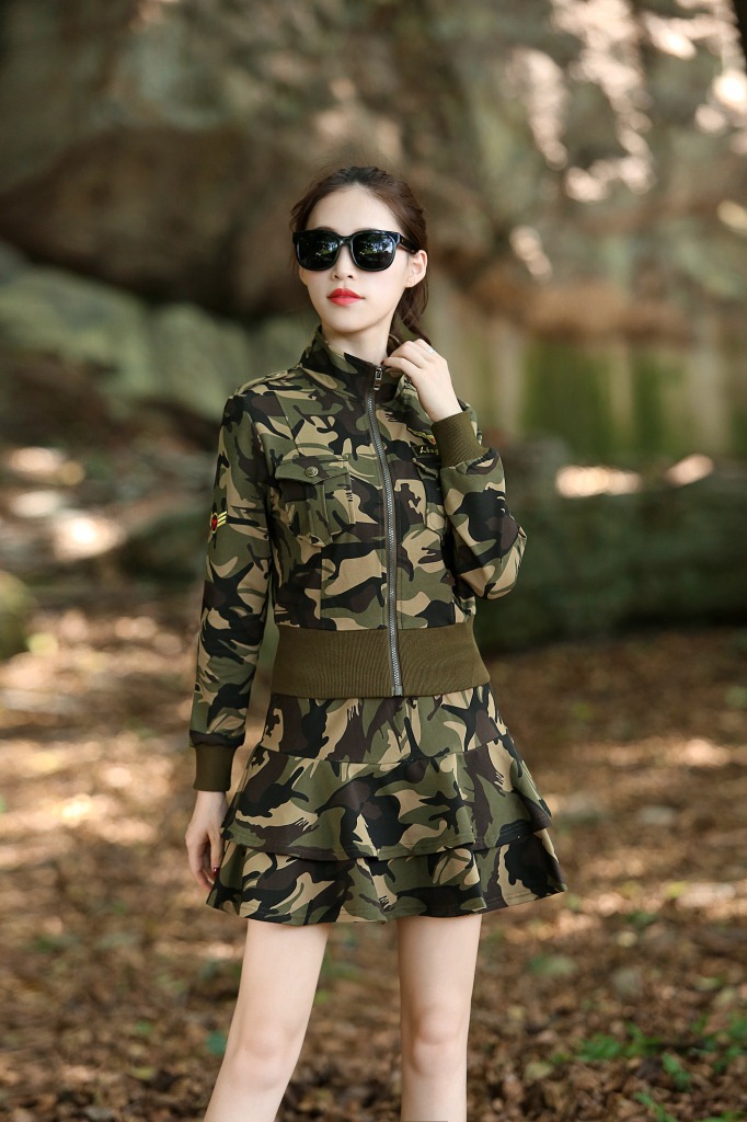 hoscene春秋季迷彩服水兵舞套装女短外套作战背心裙子三件套户外作训