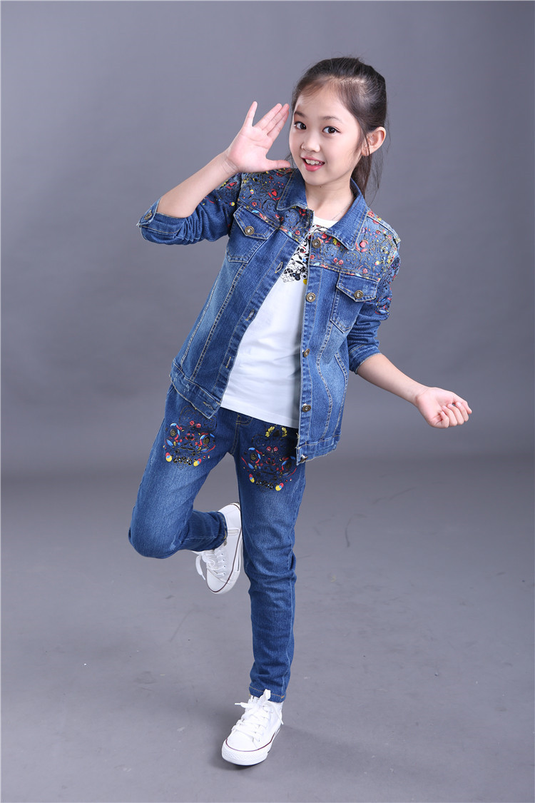 韩版女童牛仔春秋童装2018新款中大童秋装印花时尚牛仔两件套装