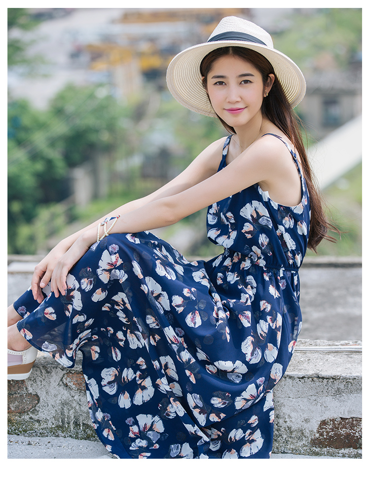 828新款夏装新款蓝底白花印花雪纺吊带连衣裙松紧收腰沙滩裙吊带长裙
