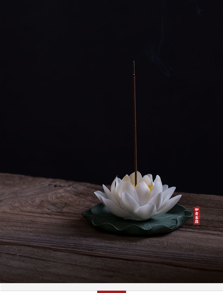 鼎亨匠人手捏莲花香插 陶瓷白睡莲荷花摆件禅意装饰 手工瓷花线香