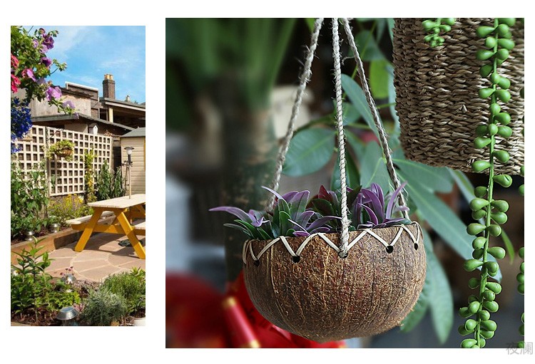 花艺挂盆欧式创意椰壳篮花盆阳台装饰壁挂多肉绿植婚庆花盆原色14cm