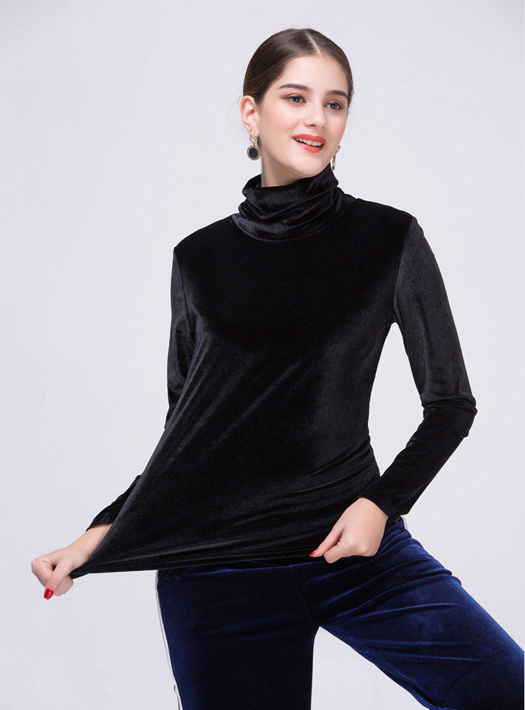 la maxpa女士t恤 新款式春装欧洲站高领金丝绒上衣欧美大码修身长袖