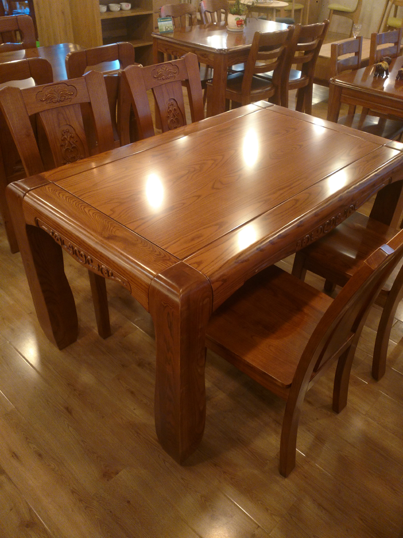 全实木餐桌椅组合水曲柳实木餐桌椅雕花中式新古典长方形原木餐桌