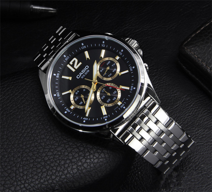 苏宁国际超级新品 casio 卡西欧手表黑金表盘潮流商务男士腕表mtp-e30