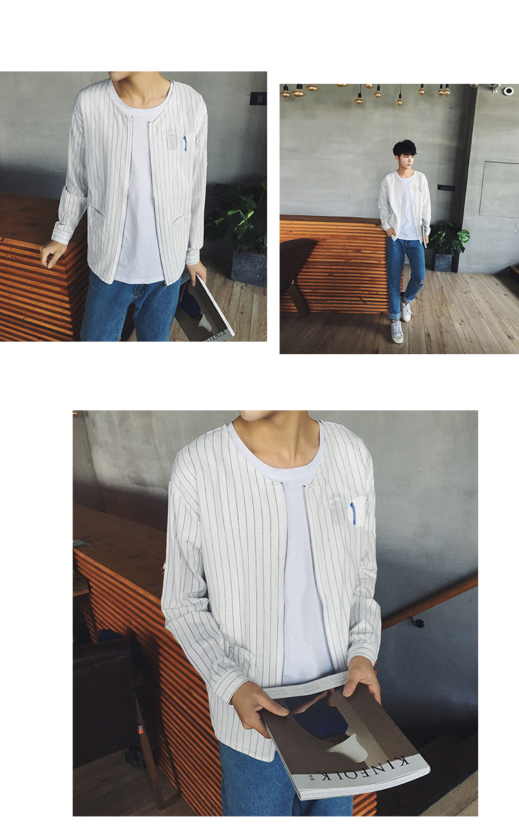 uyuk秋天薄款男士白色竖条纹上衣小外套衬衫韩版圆领夹克休闲运动服