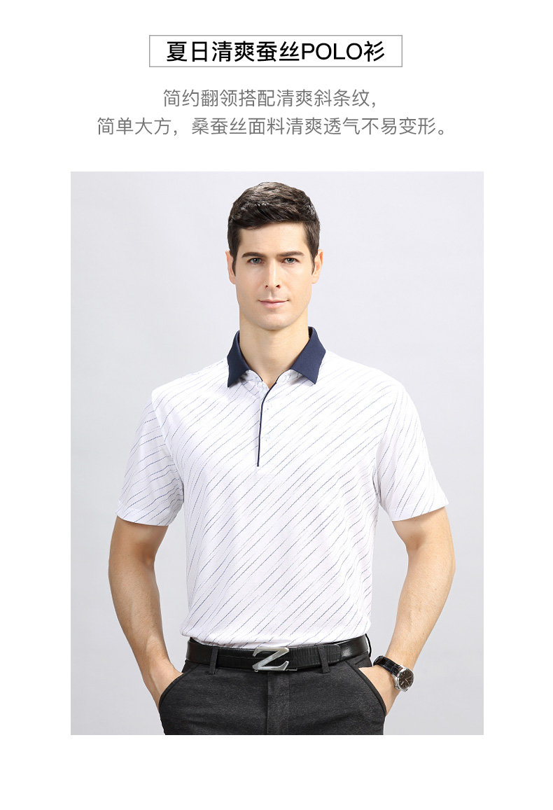 男装t恤培罗蒙夏装新款条纹桑蚕丝t恤男短袖商务翻领条纹t恤衫薄款